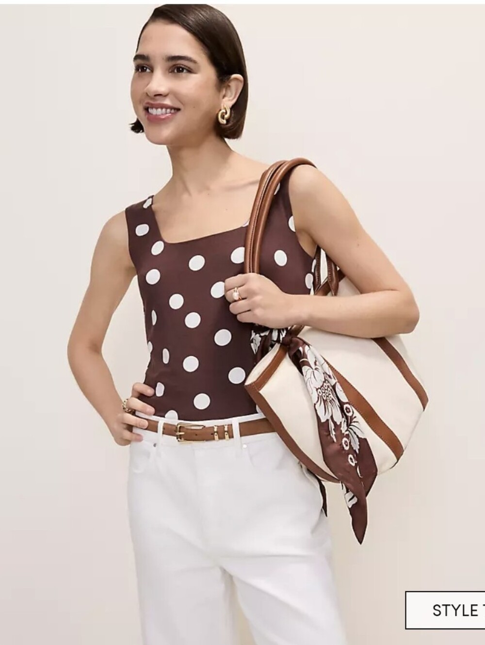 #120 NWT Ann Taylor Brown Polka Dot Square Neck Tank Top, Gift Bag Included, L